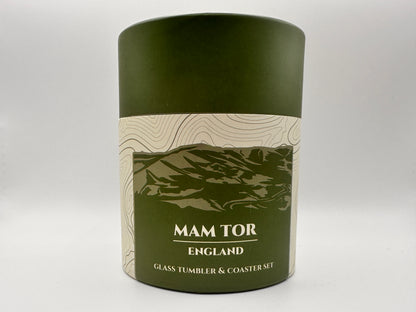 Mam Tor Glass Tumbler & Coaster Set: Peak District Mountain Gift
