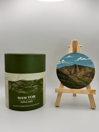 Mam Tor Glass Tumbler & Coaster Set: Peak District Mountain Gift