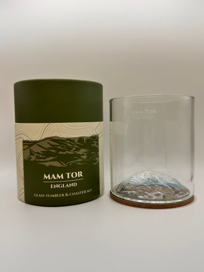 Mam Tor Glass Tumbler & Coaster Set: Peak District Mountain Gift