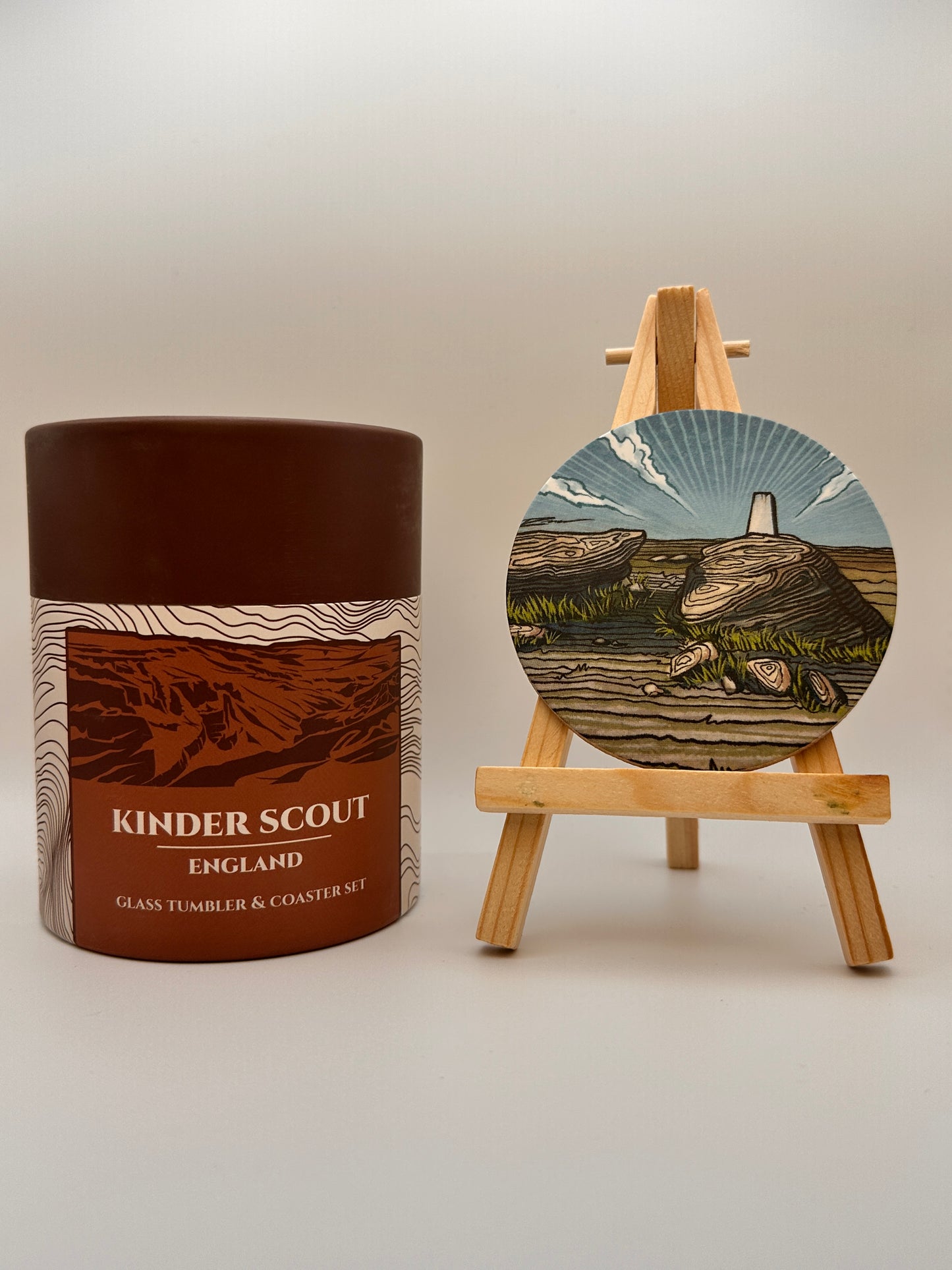 Kinder Scout Glass Tumbler & Coaster Set: Peak District Mountain Gift